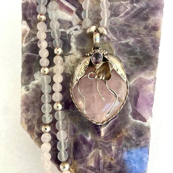 Sterling Silver 925 Modernist Rose Quartz & Amethyst Beaded Pendant Necklace - Picture 11 of 16